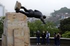 The statue of Sebástian de Belalcázar being toppled in Cali, Colombia on 28 April 2021.