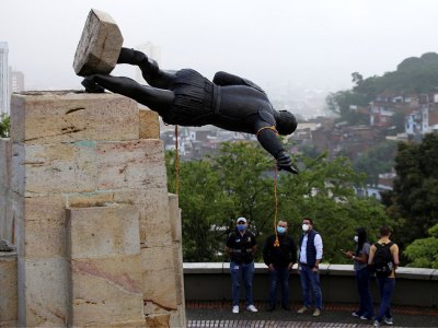 The statue of Sebástian de Belalcázar being toppled in Cali, Colombia on 28 April 2021.