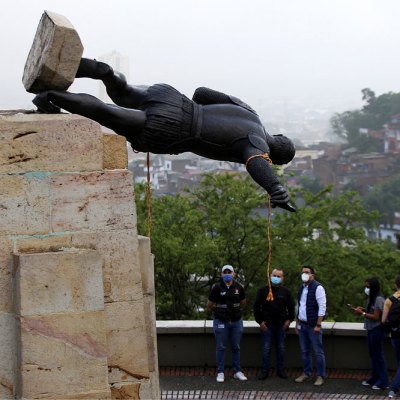 The statue of Sebástian de Belalcázar being toppled in Cali, Colombia on 28 April 2021.