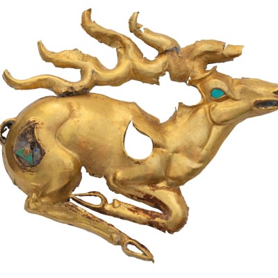 Gold recumbent stag plaque with inlays of turquoise and lapis lazuli (eighth–sixth century BC), discovered at the Eleke Sazy burial complex in Kazakhstan