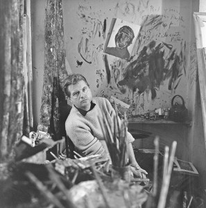 Francis Bacon photographed by Cecil Beaton in 1960 in his studio at Overstrand Mansions in Battersea, London.