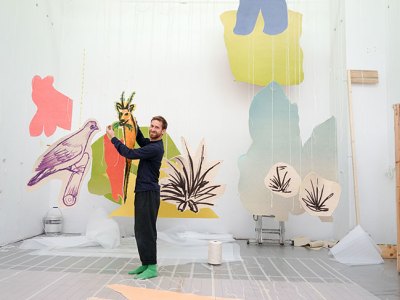 Work in progress for 'Petrit Halilaj: Very volcanic over this green feather' at Tate St Ives, 2021.