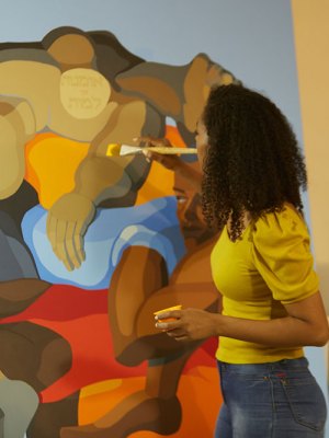 Nirit Takele painting ‘Human Pyramid (Last Bloom in July)’ (2021).