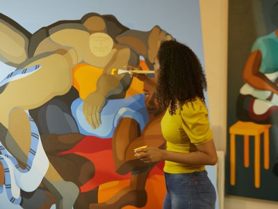 Nirit Takele painting ‘Human Pyramid (Last Bloom in July)’ (2021).