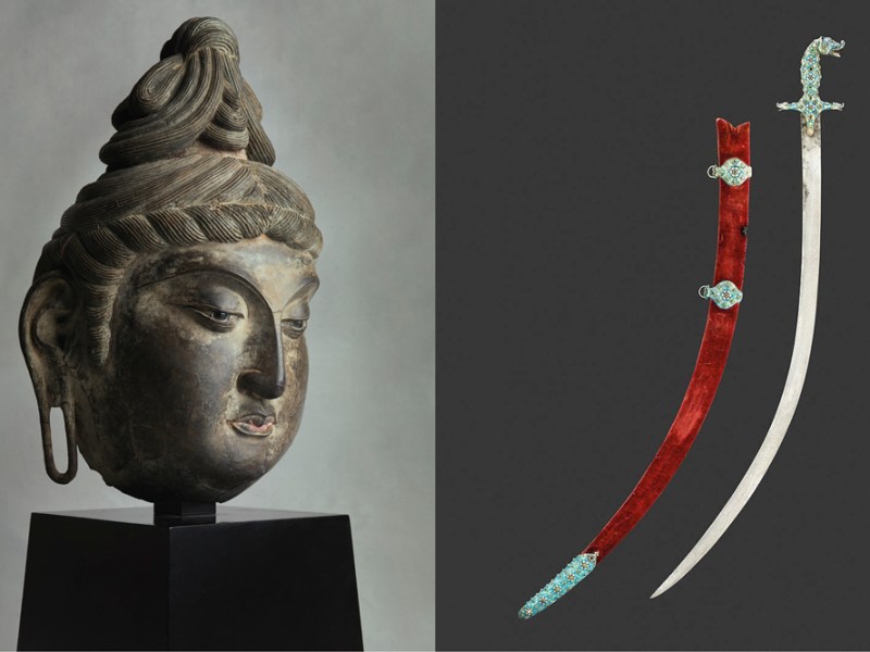 Dry lacquer head of a bodhisattva, Tang dynasty (8th century) (left); an exceptional Indian sword or shamshir (early 19th century) (right).