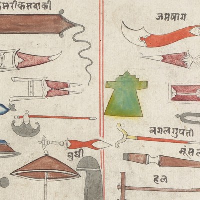 Illustration (detail) of arms and armour with Sanskrit inscriptions, 18th–19th century, Rajasthan or Awadh, India. Runjeet Singh (price on application)