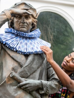 The statue of Christopher Columbus outside Sefton Park Palm House, redressed by the fashion designer Taya Hughes.