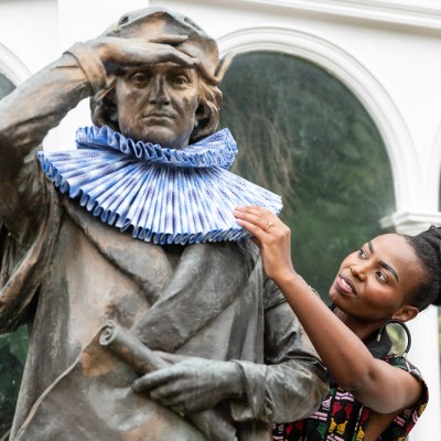 The statue of Christopher Columbus outside Sefton Park Palm House, redressed by the fashion designer Taya Hughes.