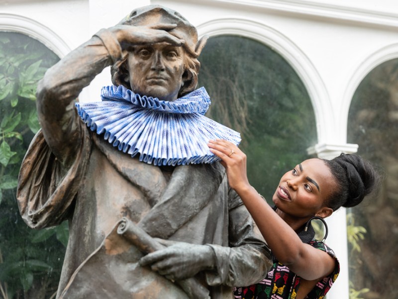 The statue of Christopher Columbus outside Sefton Park Palm House, redressed by the fashion designer Taya Hughes.