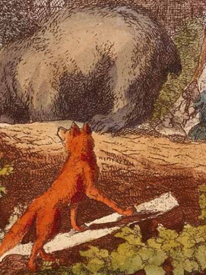 A 17th-century etching of Bruin the Bear and Reynard the Fox by Allart van Everdingen, reprinted with added colour in an 1846 edition of Henry Cole's Pleasant History of Reynard the Fox.