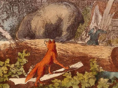 A 17th-century etching of Bruin the Bear and Reynard the Fox by Allart van Everdingen, reprinted with added colour in an 1846 edition of Henry Cole's Pleasant History of Reynard the Fox.