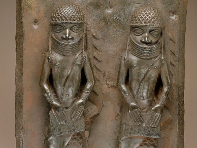 Detail of a mid 16th- to 17th-century plaque depicting two members of the Benin Court. National Museum of African Art, Smithsonian Institution, D.C.