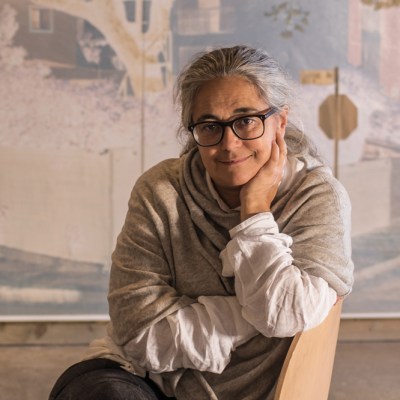 Tacita Dean, photographed in Frith Street Gallery’s Golden Square space in London, in October 2021. Behind her is one of the works in the Purgatory (2021) series.