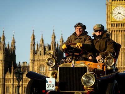 Participants driving over Westminster Bridge at the London to Brighton Veteran Car Run