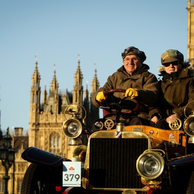 Participants driving over Westminster Bridge at the London to Brighton Veteran Car Run