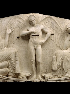 Three sided relief with a scene of weighing the Boston Throne.