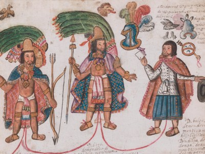 Detail of a facsimile of a 1791 genealogy of the House of Moctezuma, held in the Archivo General de la Nación in Mexico City. Facsimile (2021) by Tlaoli Ramírez Téllez. Courtesy the artist and LACMA; © Tlaoli Ramírez Téllez