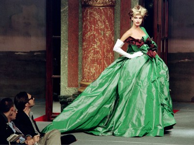 Linda Evangelista wearing a ‘Watteau’ evening gown in Vivienne Westwood’s 1996 Spring/Summer ready-to-wear collection, shown in Paris, October 1995.