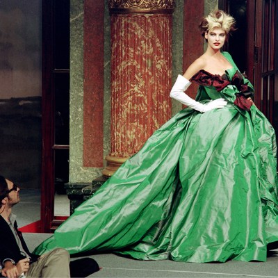 Linda Evangelista wearing a ‘Watteau’ evening gown in Vivienne Westwood’s 1996 Spring/Summer ready-to-wear collection, shown in Paris, October 1995.
