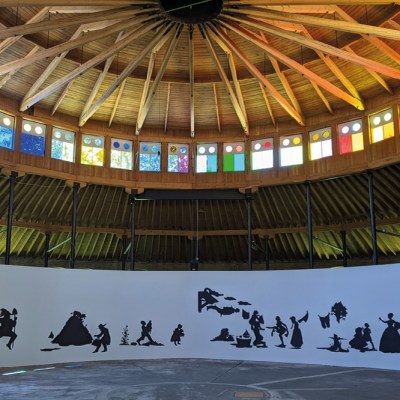 Installation view of Kara Walker’s ‘Presenting Negro Scenes Drawn Upon My Passage through the South and Reconfigured for the Benefit of Enlightened Audiences Wherever Such May Be Found, By Myself, Missus K.E.B. Walker, Colored’ (1997) and (above) Cauleen Smith’s ‘The Right Time, Before and After’ (2017) in ‘Toward Common Cause: Art, Social Change, and the MacArthur Fellows Program at 40’