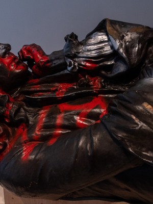 The toppled statue of Edward Colston lies on display in M Shed museum on June 7, 2021 in Bristol, England.