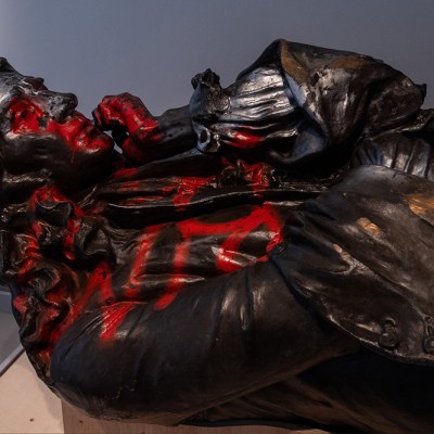 The toppled statue of Edward Colston lies on display in M Shed museum on June 7, 2021 in Bristol, England.