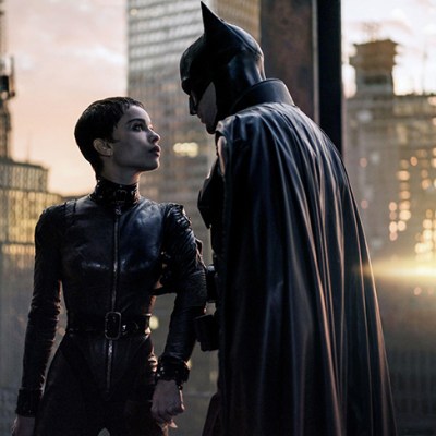 Zoe Kravitz as Catwoman and Robert Pattinson as Batman, 2022. Photo: Jonathan Olley; courtesy Everett Collection Inc/Alamy Stock Photo; © Warner Bros