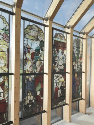 Four stained-glass panels from a group of eight depicting scenes from the life of John the Baptist, made in Rouen in c. 1510 and installed in the south wall of the Burrell Collection, Glasgow.