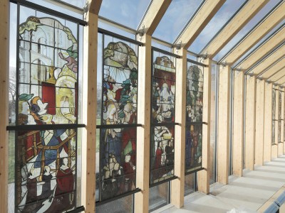 Four stained-glass panels from a group of eight depicting scenes from the life of John the Baptist, made in Rouen in c. 1510 and installed in the south wall of the Burrell Collection, Glasgow.
