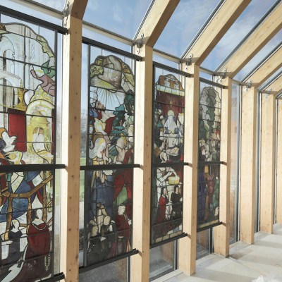 Four stained-glass panels from a group of eight depicting scenes from the life of John the Baptist, made in Rouen in c. 1510 and installed in the south wall of the Burrell Collection, Glasgow.