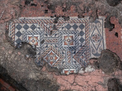Roman mosaic (2nd–3rd century), found at Southwark and photographed in February 2022.