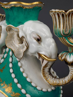 Vase with the head of an elephant (1757), designed by Jean Claude Chambellan Duplessis the Elder and painted by Charles-Nicolas Dodin for Sèvres. The Wallace Collection, London