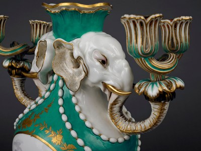 Vase with the head of an elephant (1757), designed by Jean Claude Chambellan Duplessis the Elder and painted by Charles-Nicolas Dodin for Sèvres. The Wallace Collection, London