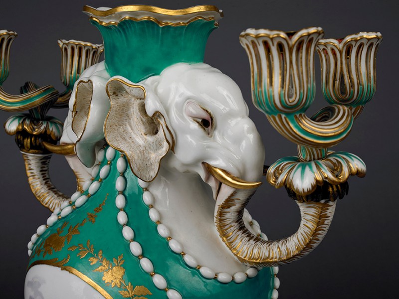Vase with the head of an elephant (1757), designed by Jean Claude Chambellan Duplessis the Elder and painted by Charles-Nicolas Dodin for Sèvres. The Wallace Collection, London