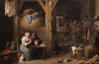 Barn scene with a man courting a young woman and several figures (detail; 1681), David Teniers II.