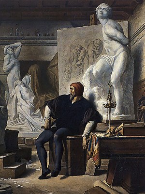 Michelangelo in his studio, visited by Pope Julius II