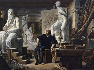 Michelangelo in his studio, visited by Pope Julius II