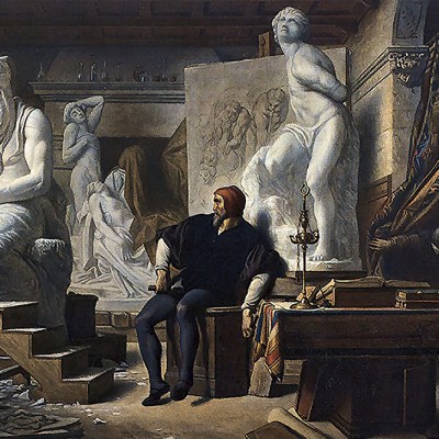 Michelangelo in his studio, visited by Pope Julius II
