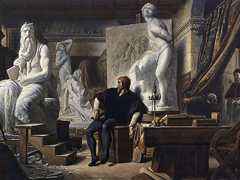 Michelangelo in his studio, visited by Pope Julius II