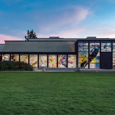 Exterior view of the ‘Borderlands’ exhibition, including Enrique Martínez Celaya’s There-bound (2021), at the Huntington Library, Art Museum and Botanical Gardens in San Marino.