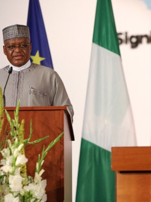 Nigerian Foreign Minister Zubairo Dada at the ceremony in Berlin on 1 July. Photo: Adam Berry/AFP via Getty Images