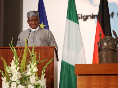 Nigerian Foreign Minister Zubairo Dada at the ceremony in Berlin on 1 July. Photo: Adam Berry/AFP via Getty Images
