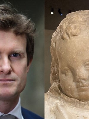 Tristram Hunt, director of the Victoria and Albert Museum (left); stone figure of Eros from the 3rd century BC Sidmara sarcophagus (right).