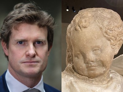 Tristram Hunt, director of the Victoria and Albert Museum (left); stone figure of Eros from the 3rd century BC Sidmara sarcophagus (right).