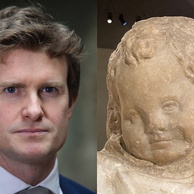 Tristram Hunt, director of the Victoria and Albert Museum (left); stone figure of Eros from the 3rd century BC Sidmara sarcophagus (right).