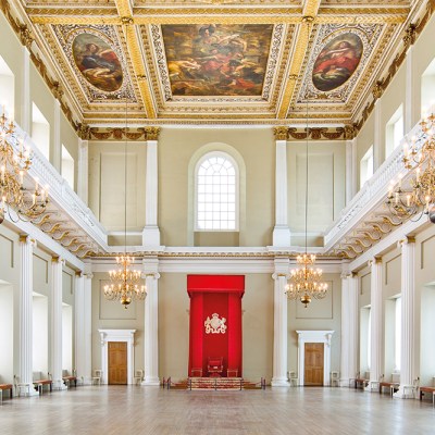 Inside Banqueting House, London, with a view of the series of canvases painted by Rubens in 1635.