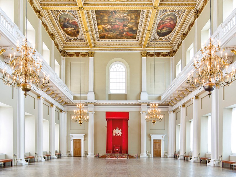 Inside Banqueting House, London, with a view of the series of canvases painted by Rubens in 1635.