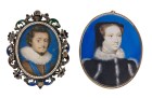Young man in gold-decorated harness (left) and Maria Stuart (right) (1594 and c. 1600), Nicolas Hilliard and unknown artist.