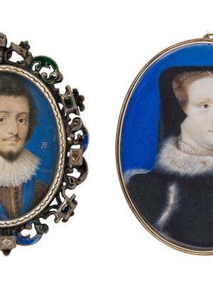 Young man in gold-decorated harness (left) and Maria Stuart (right) (1594 and c. 1600), Nicolas Hilliard and unknown artist.