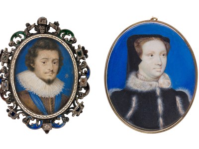 Young man in gold-decorated harness (left) and Maria Stuart (right) (1594 and c. 1600), Nicolas Hilliard and unknown artist.